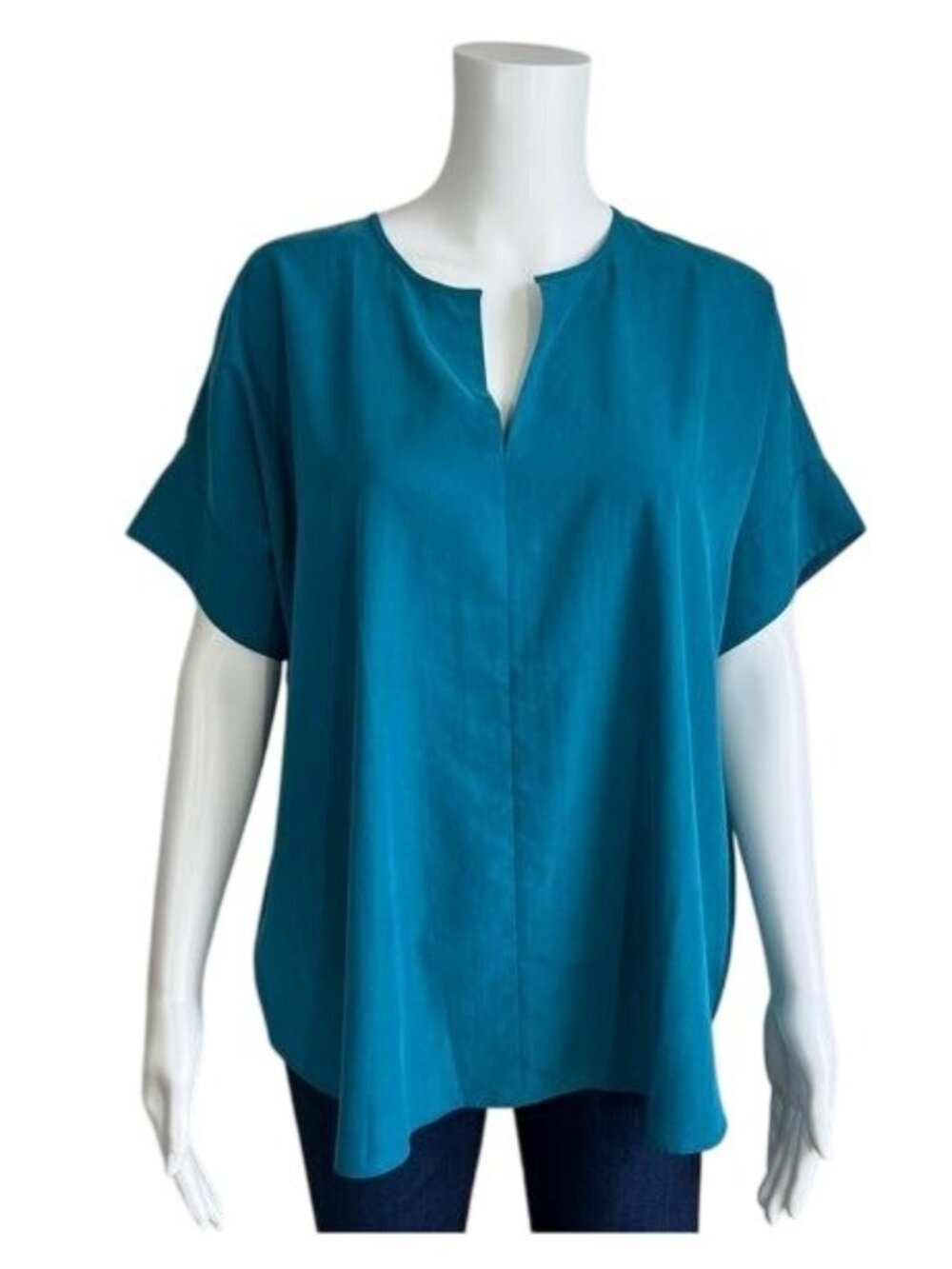 Eileen Fisher Split Neck Sandwashed Tencel Short Sleeve Top - S